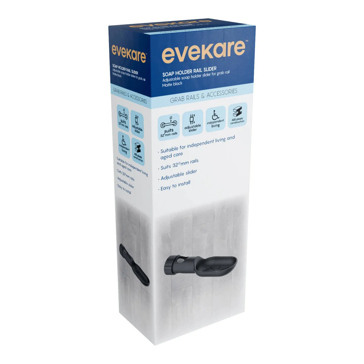 Evekare 32mm Matte Black Soap Holder - Adjustable - Easy Install - 95mm x 210mm x 61mm - Image 2