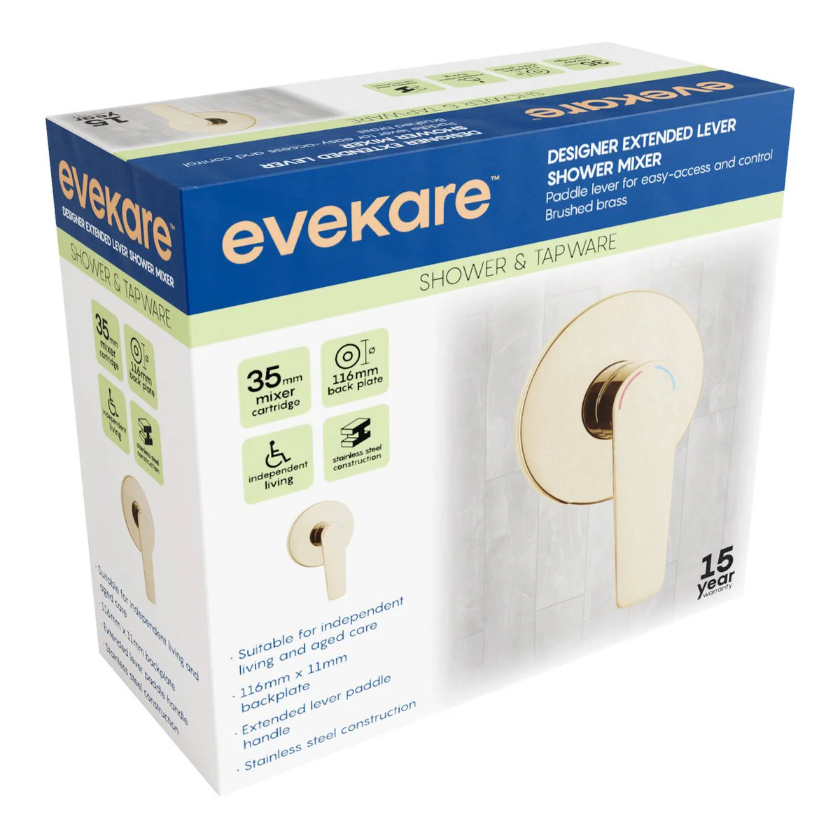 Evekare 35mm Brushed Brass Extended Lever Shower Mixer - Easy Use - Aged Care - Image 2