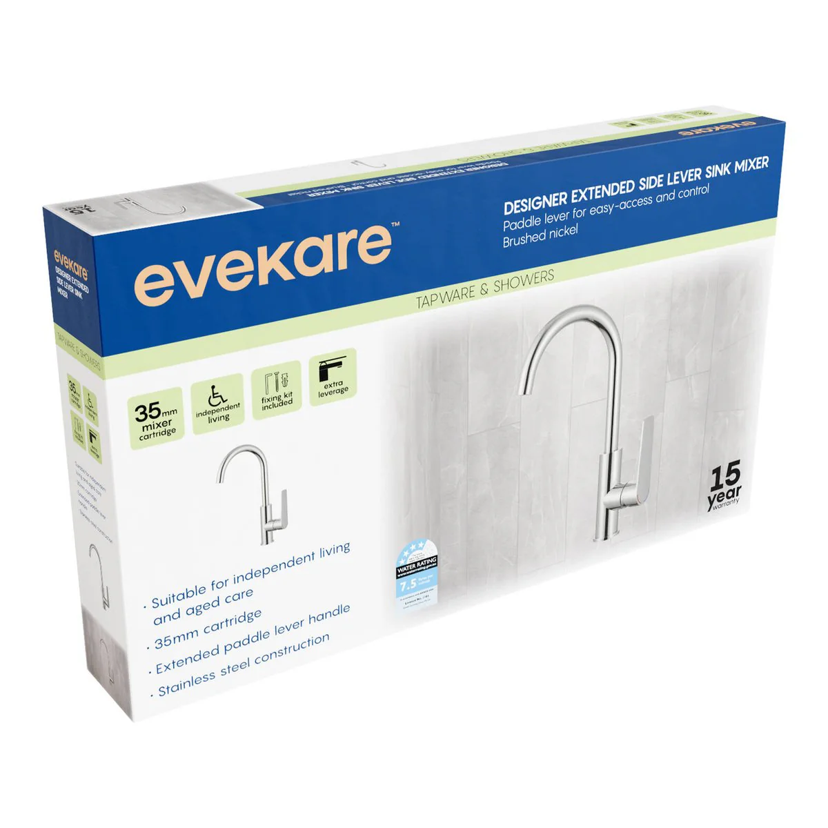 Evekare 35mm Brushed Nickel Extended Lever Sink Mixer - Easy Use - Lead-Free - Image 2