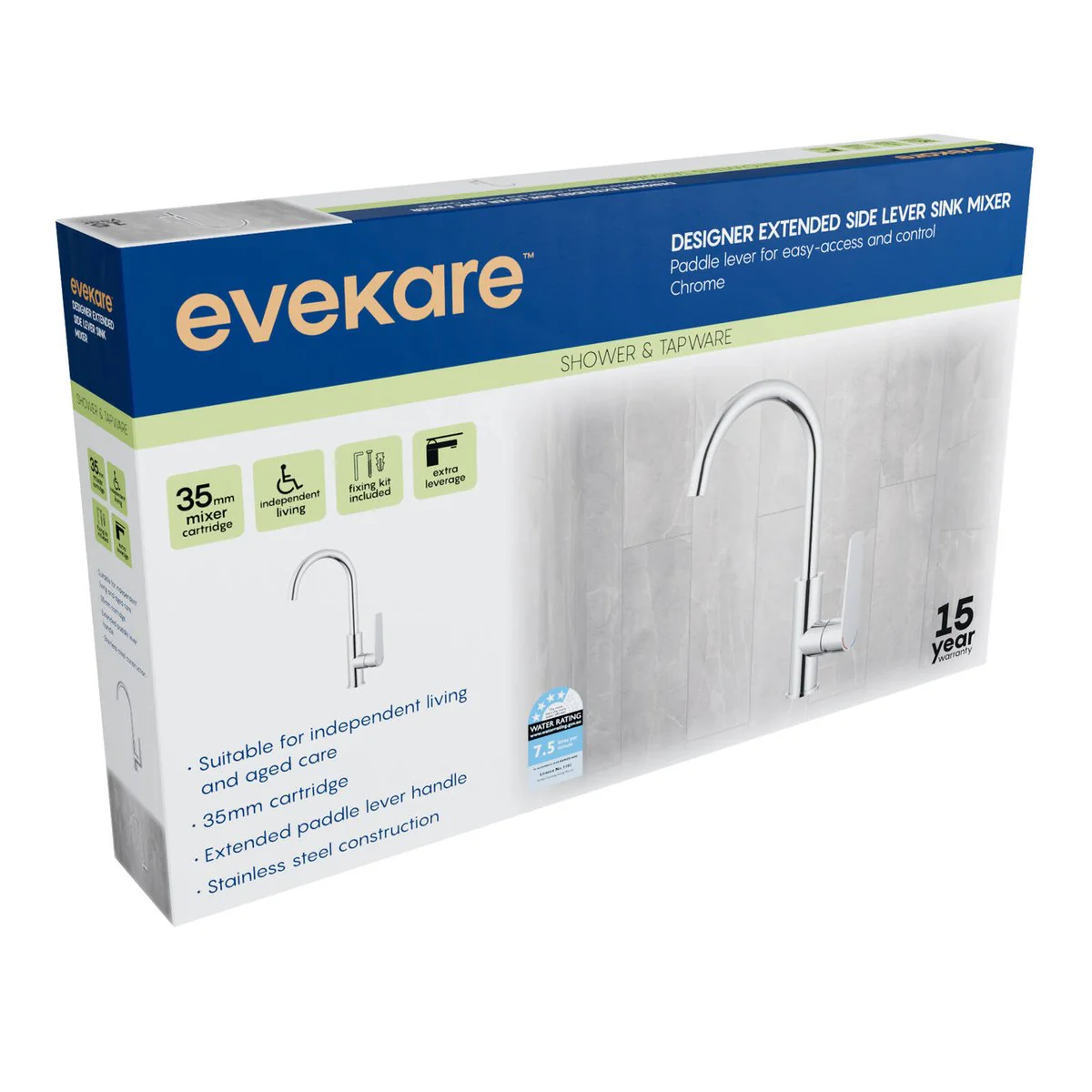 Evekare 35mm Chrome Extended Lever Sink Mixer - Accessible Bathroom Solution - Image 2