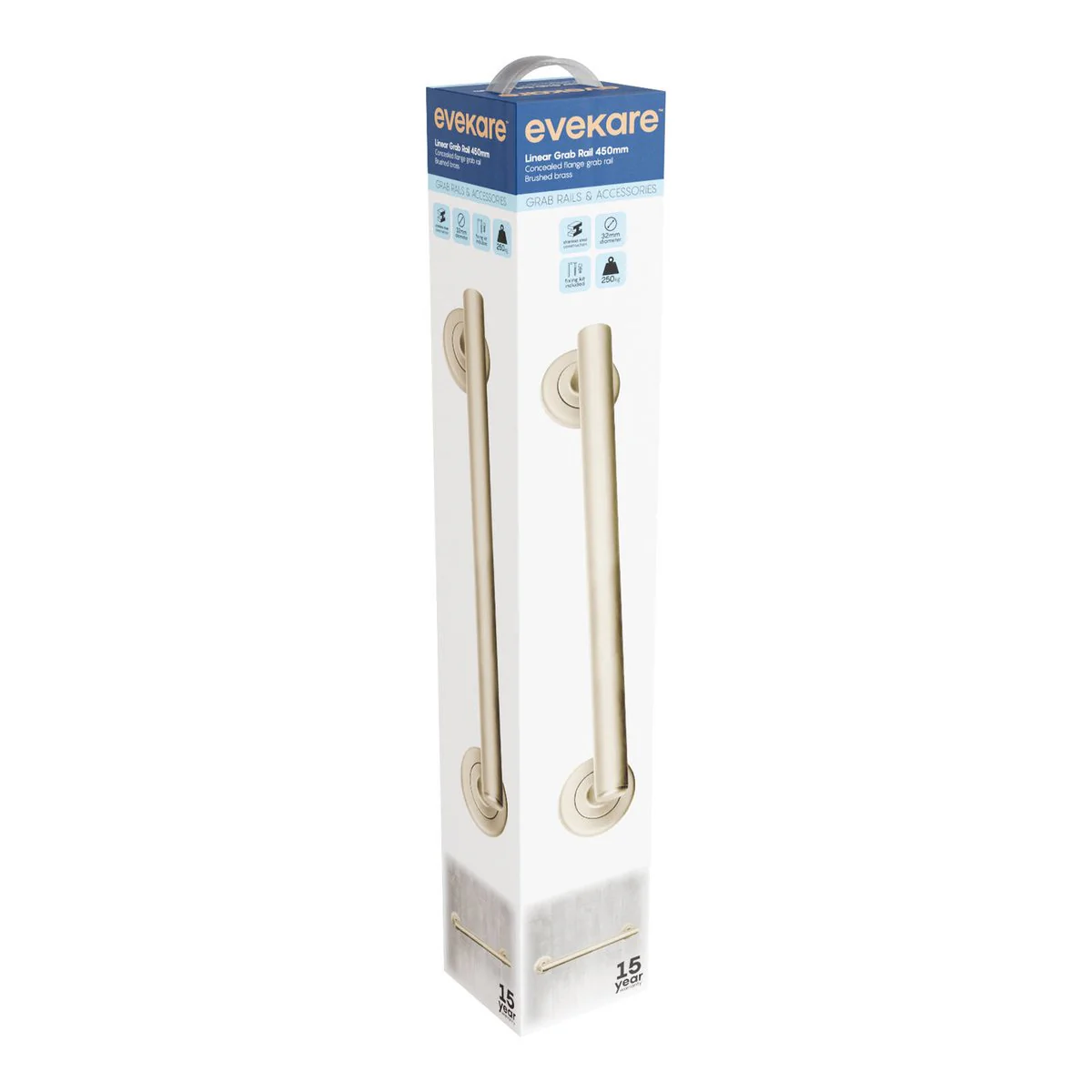 Evekare 450mm Brushed Brass Linear Grab Rail - 250kg Weight Rating - Concealed Flange - Image 2