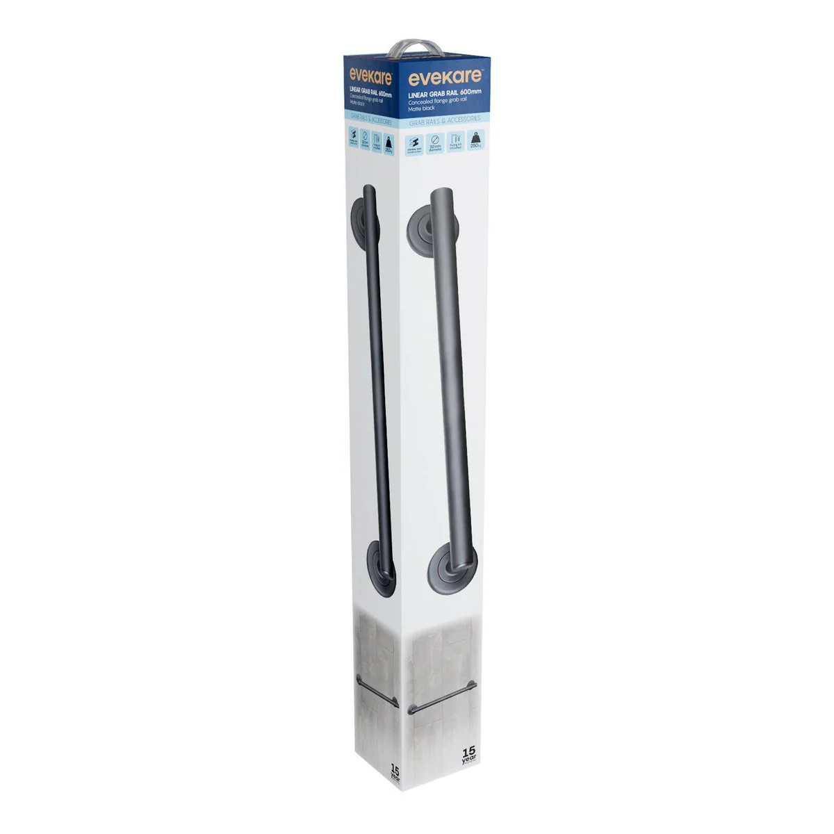 Evekare 600mm Matte Black Linear Grab Rail - Stainless Steel - 250kg Capacity - Image 2