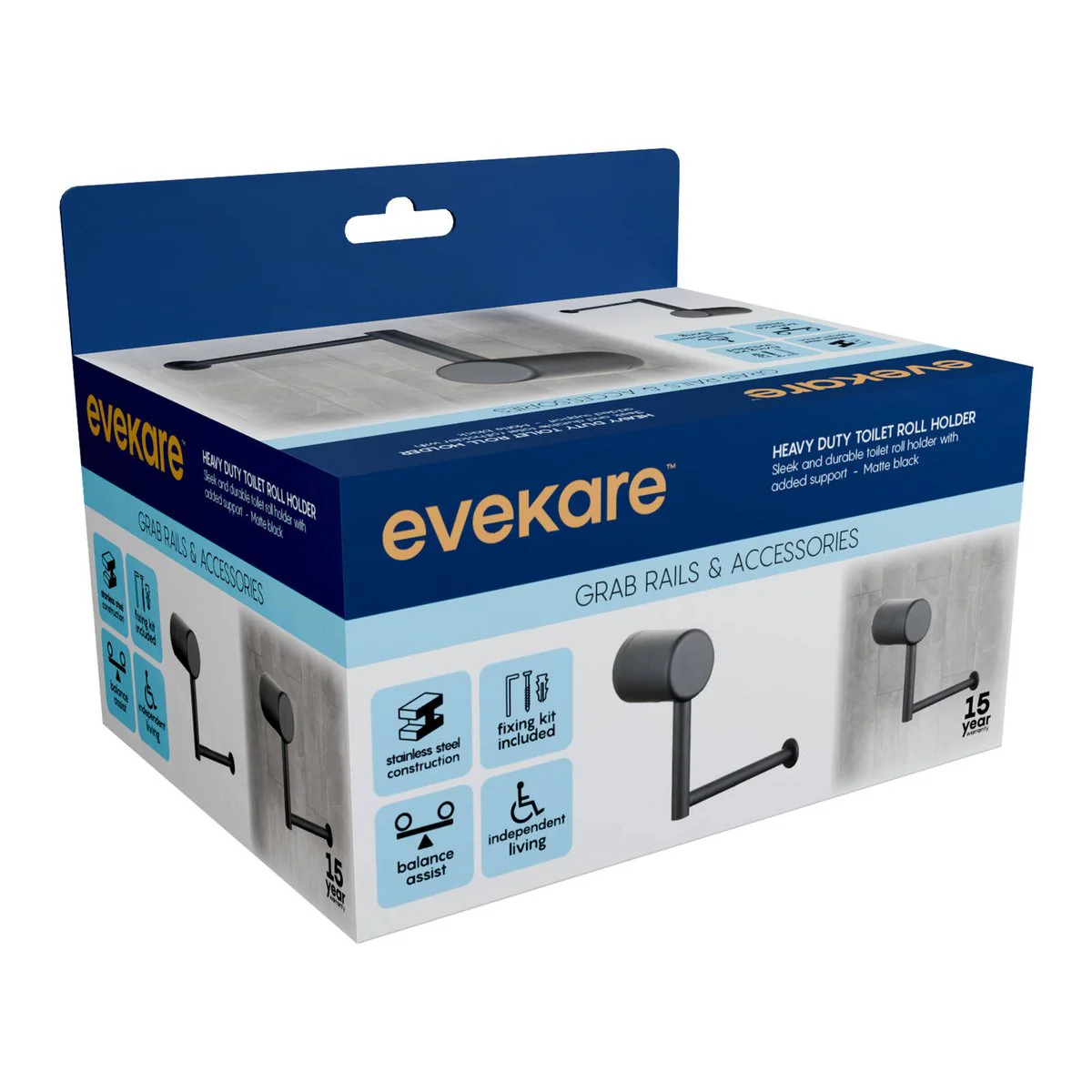 Evekare Black Matte Toilet Roll Holder - 159mm x 81mm x 140mm - Durable Support - Image 2