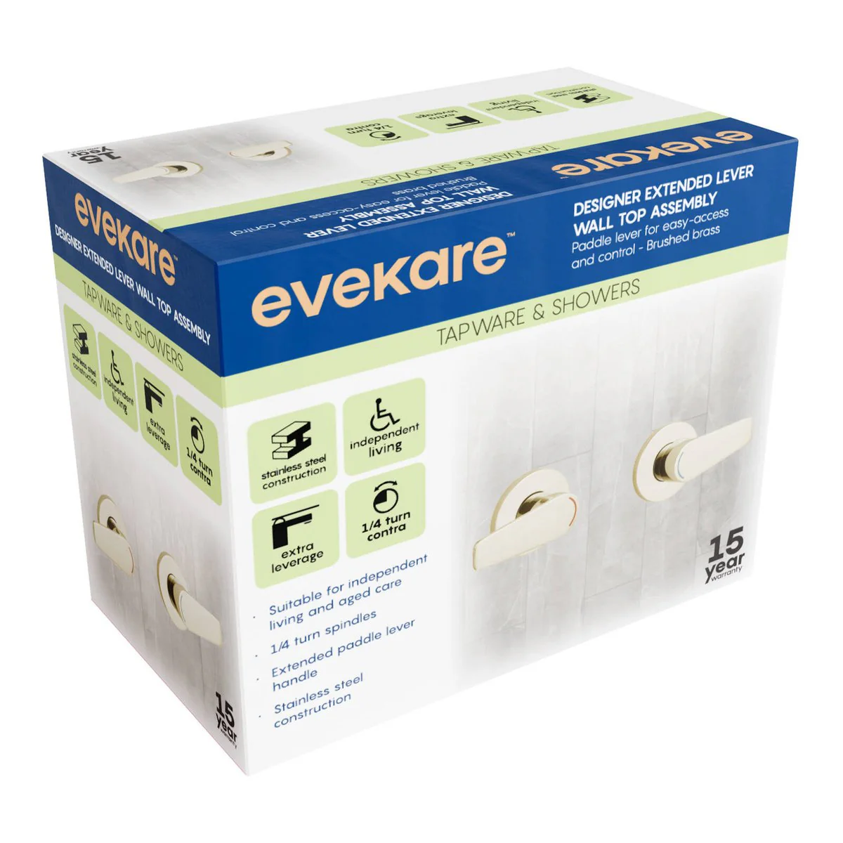 Evekare Brushed Brass 1/4 Turn Extended Lever Wall Top Assembly 150mm - Easy Access - Aged Care - Image 3