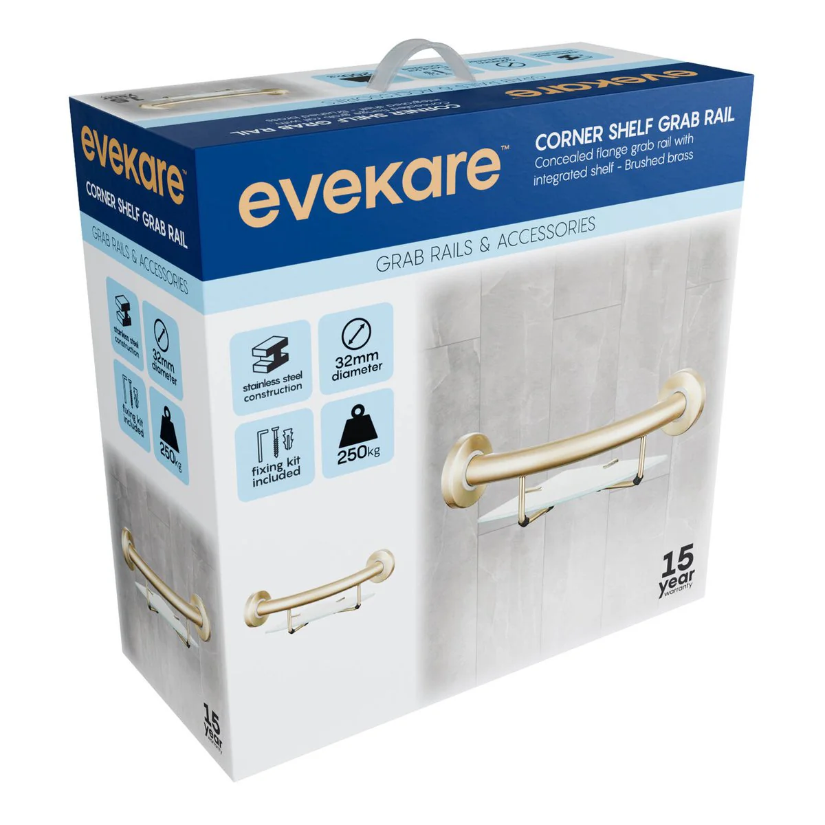 Evekare Brushed Brass Corner Shelf with Grab Rail - 270mm x 120mm x 275mm - Durable Stainless Steel - 250kg Weight Rating - Image 2