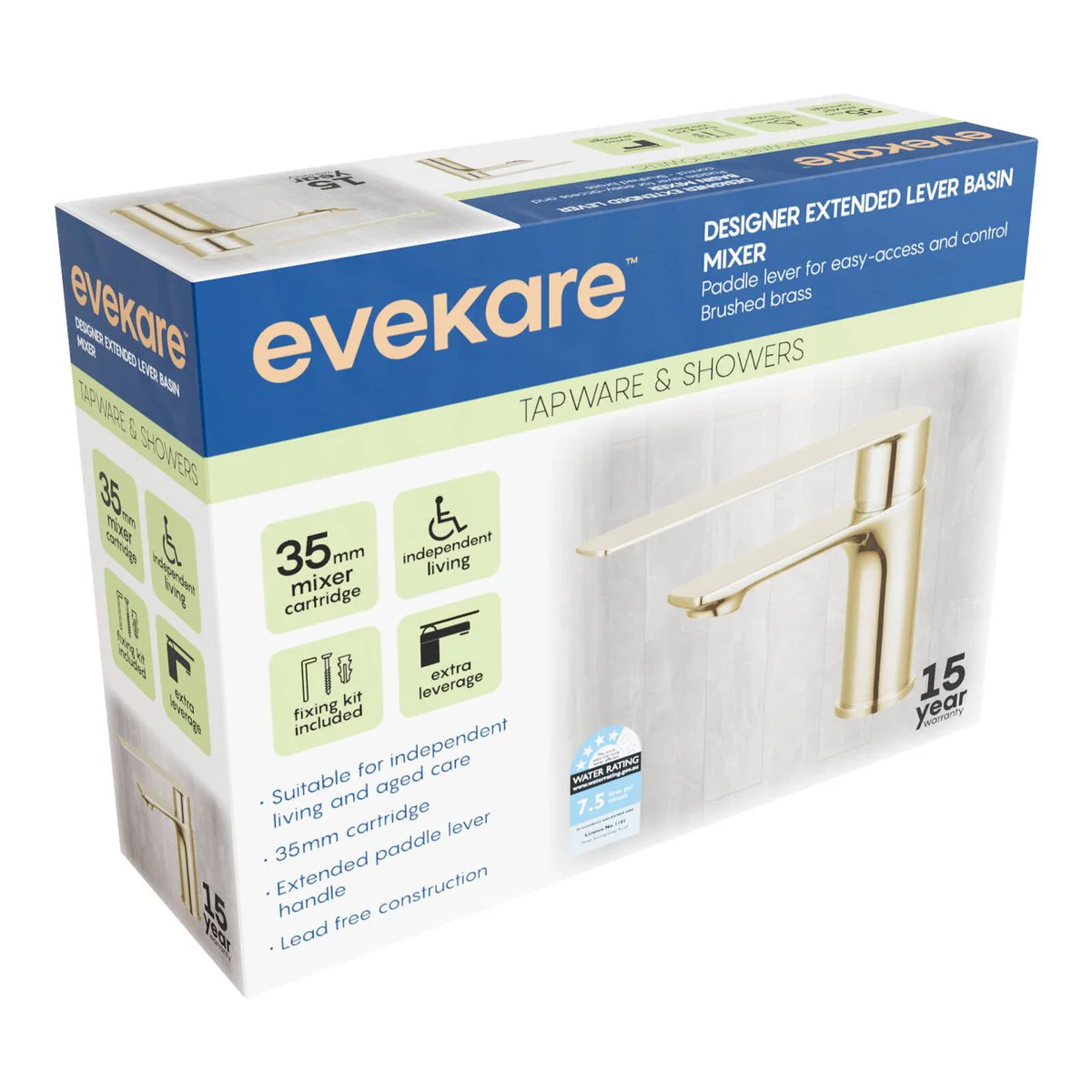 Evekare Brushed Brass Extended Lever Basin Mixer - 180mm x 180mm x 75mm - Easy Access - Image 2