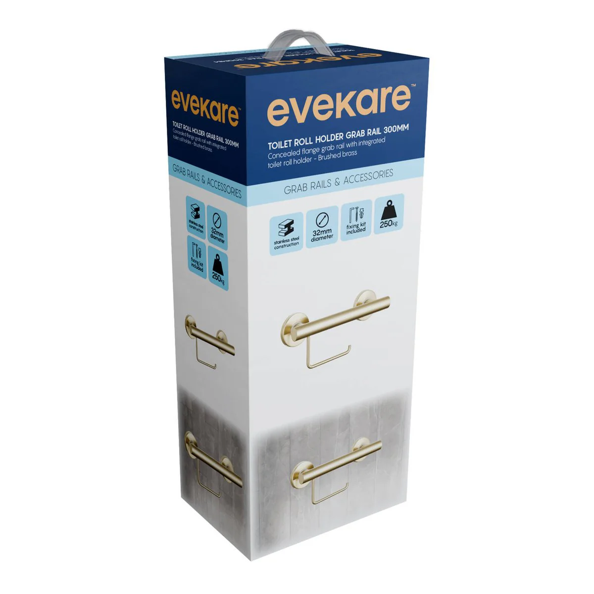 Evekare Brushed Brass Toilet Roll Holder with Grab Rail - 140mm x 330mm - Durable Support - Image 2