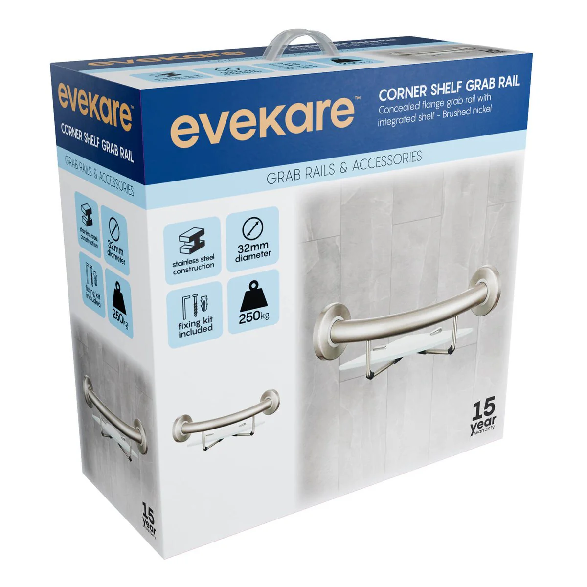 Evekare Brushed Nickel Corner Shelf with Grab Rail - 270mm x 120mm - Durable Safety Solution - Image 2