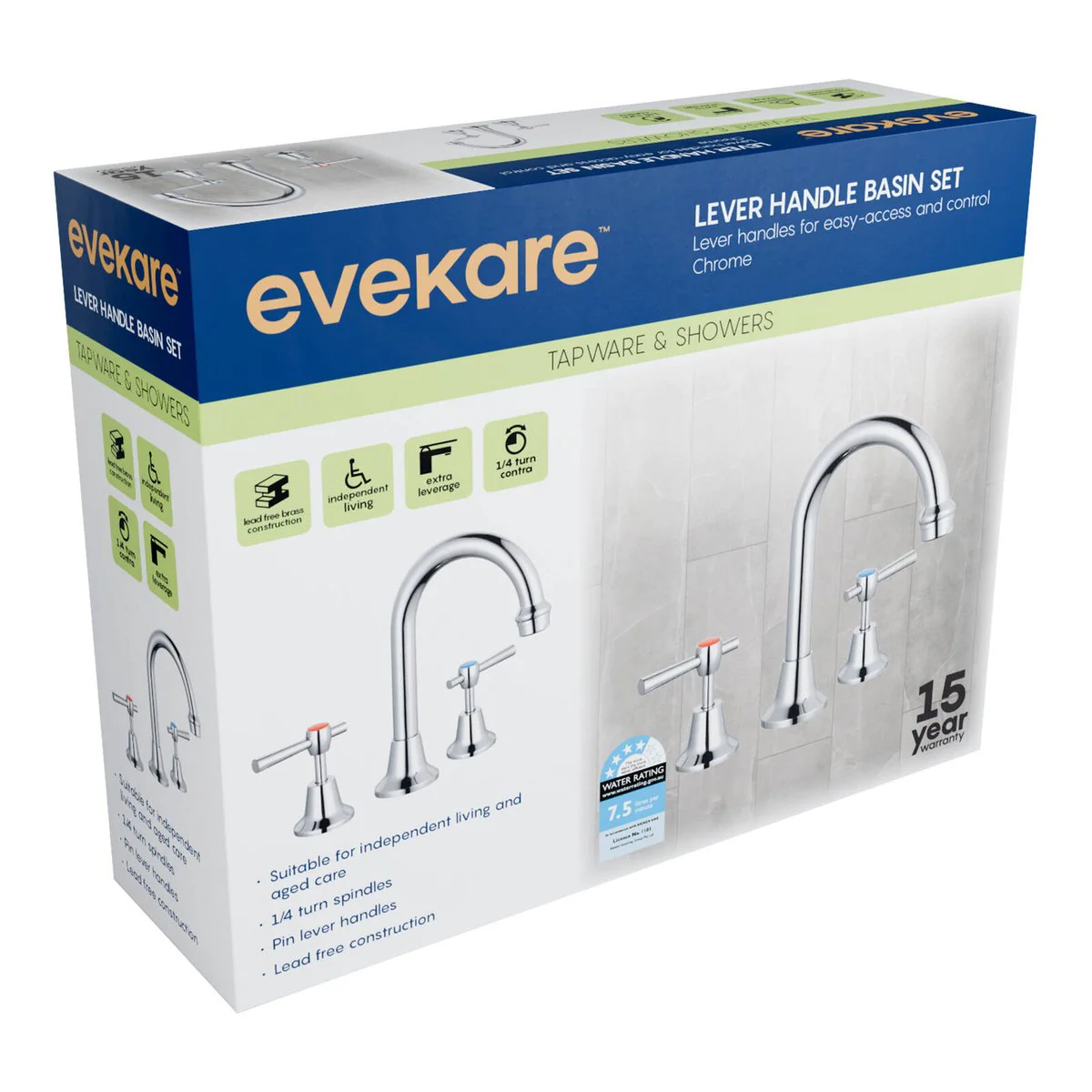 Evekare Chrome 1/4 Turn Pin Lever Basin Set 200mm x 260mm - Easy Access - Image 2