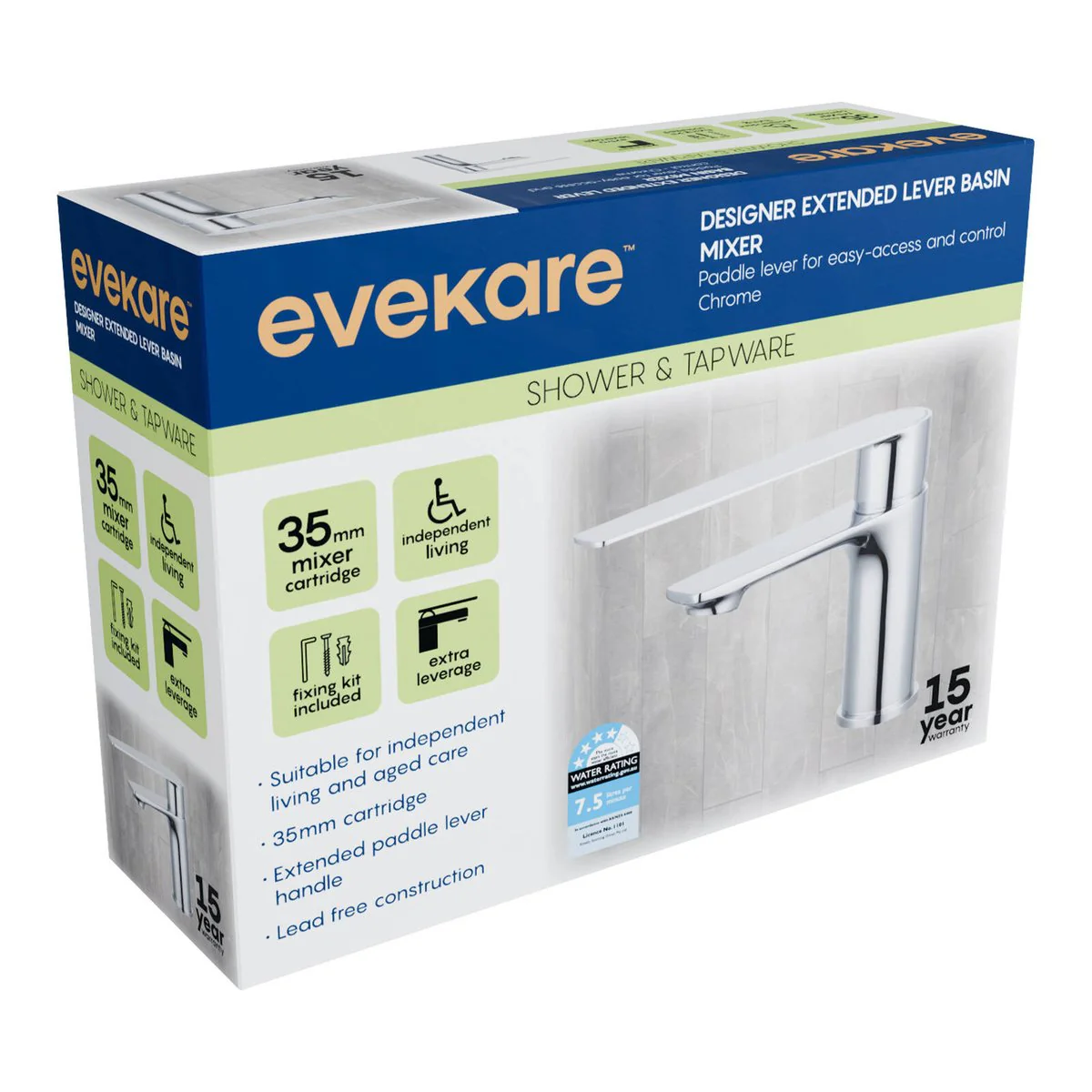 Evekare Chrome Extended Lever Basin Mixer - 180mm x 180mm x 75mm - Accessible Design - Image 2