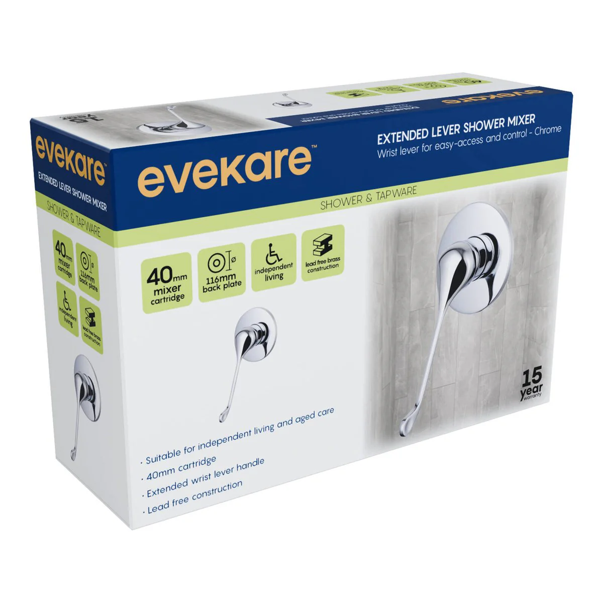Evekare Chrome Extended Wrist Lever Shower Mixer - 130mm x 270mm - Easy Access - Image 2
