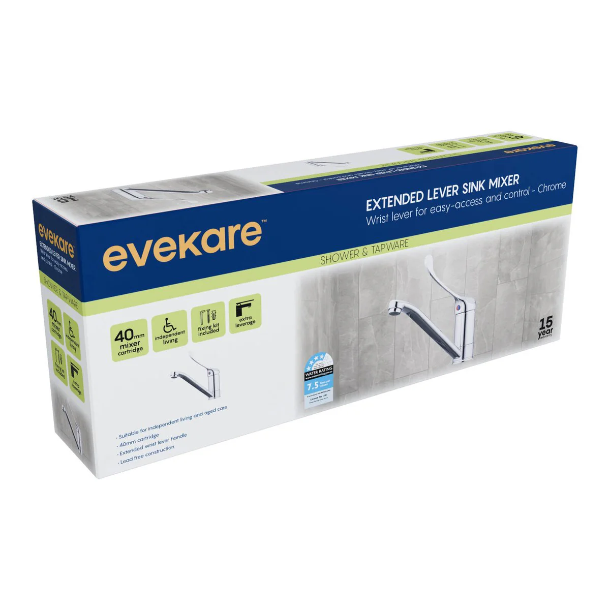 Evekare Chrome Extended Wrist Lever Sink Mixer - 130mm x 160mm - Accessible Control - Image 2