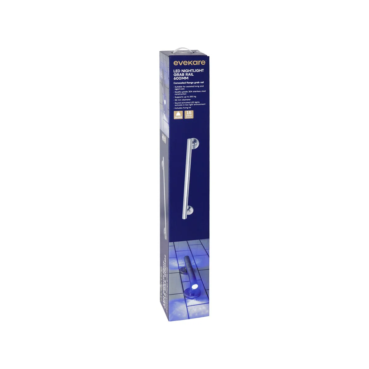 Evekare 600mm Polished Stainless Steel LED Night Light Grab Rail - Image 2
