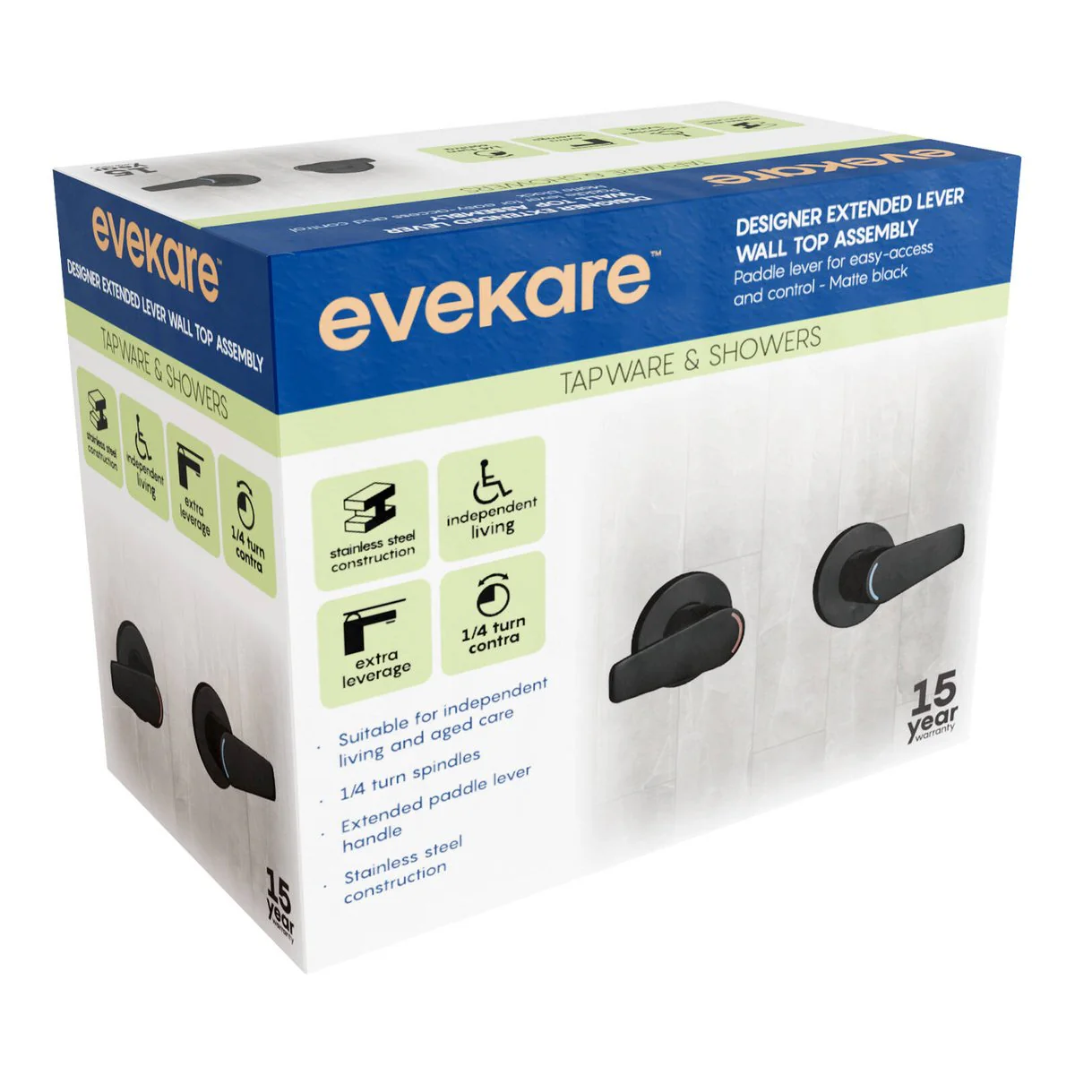 Evekare Matte Black 1/4 Turn Extended Lever Wall Top Assembly 150mm - Easy Access - Aged Care - Image 2