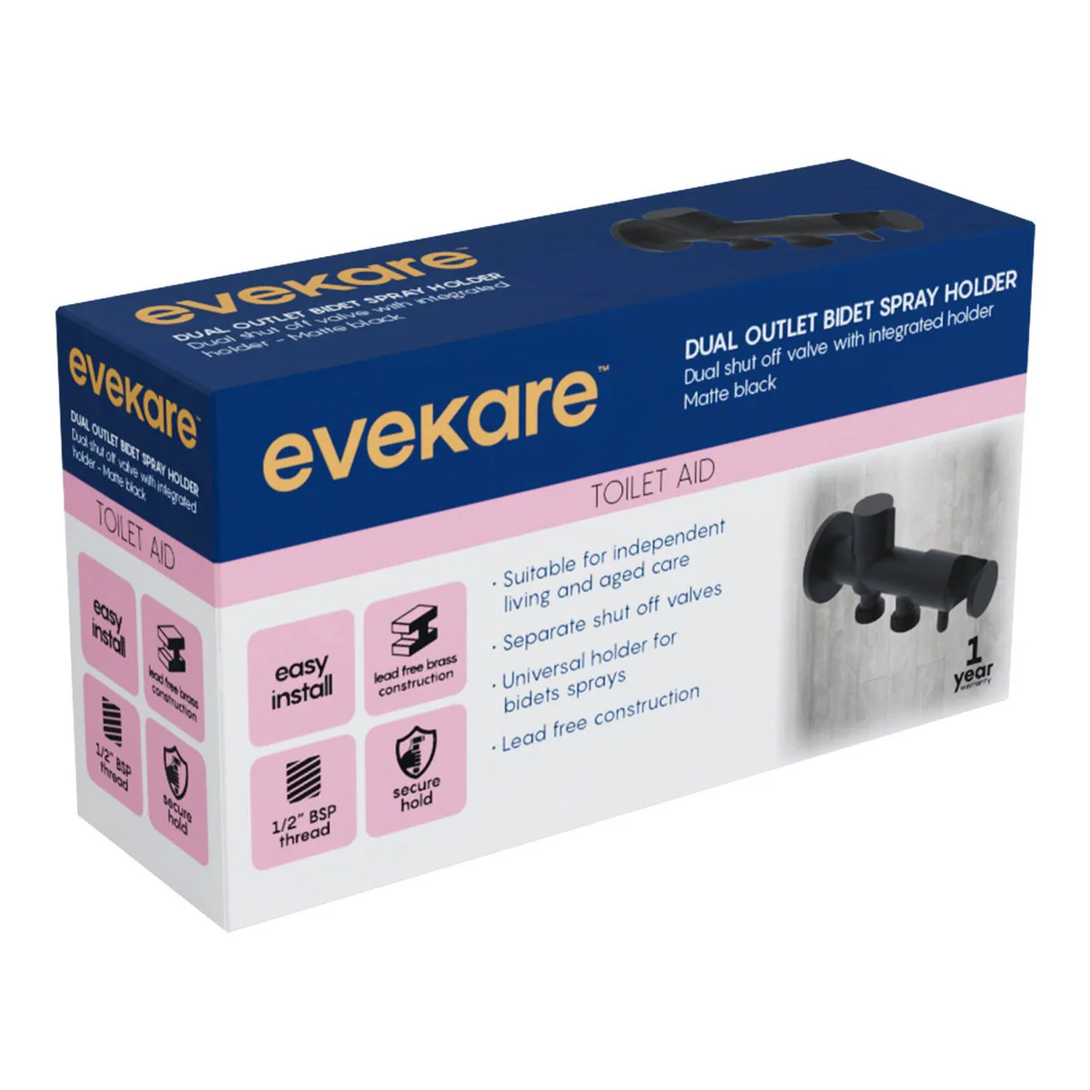 Evekare Matte Black Dual Hand Spray Holder & Shut Off Valve - 138mm x 76mm x 43mm - Aged Care & Independent Living - Image 4