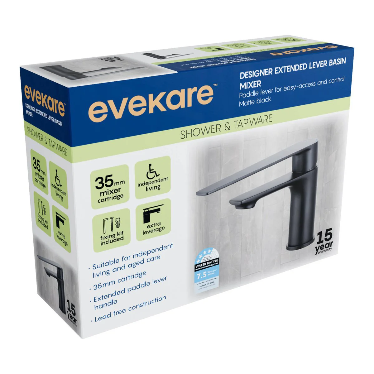 Evekare Matte Black Extended Lever Basin Mixer - 180mm x 180mm x 75mm - Easy Access - Image 2
