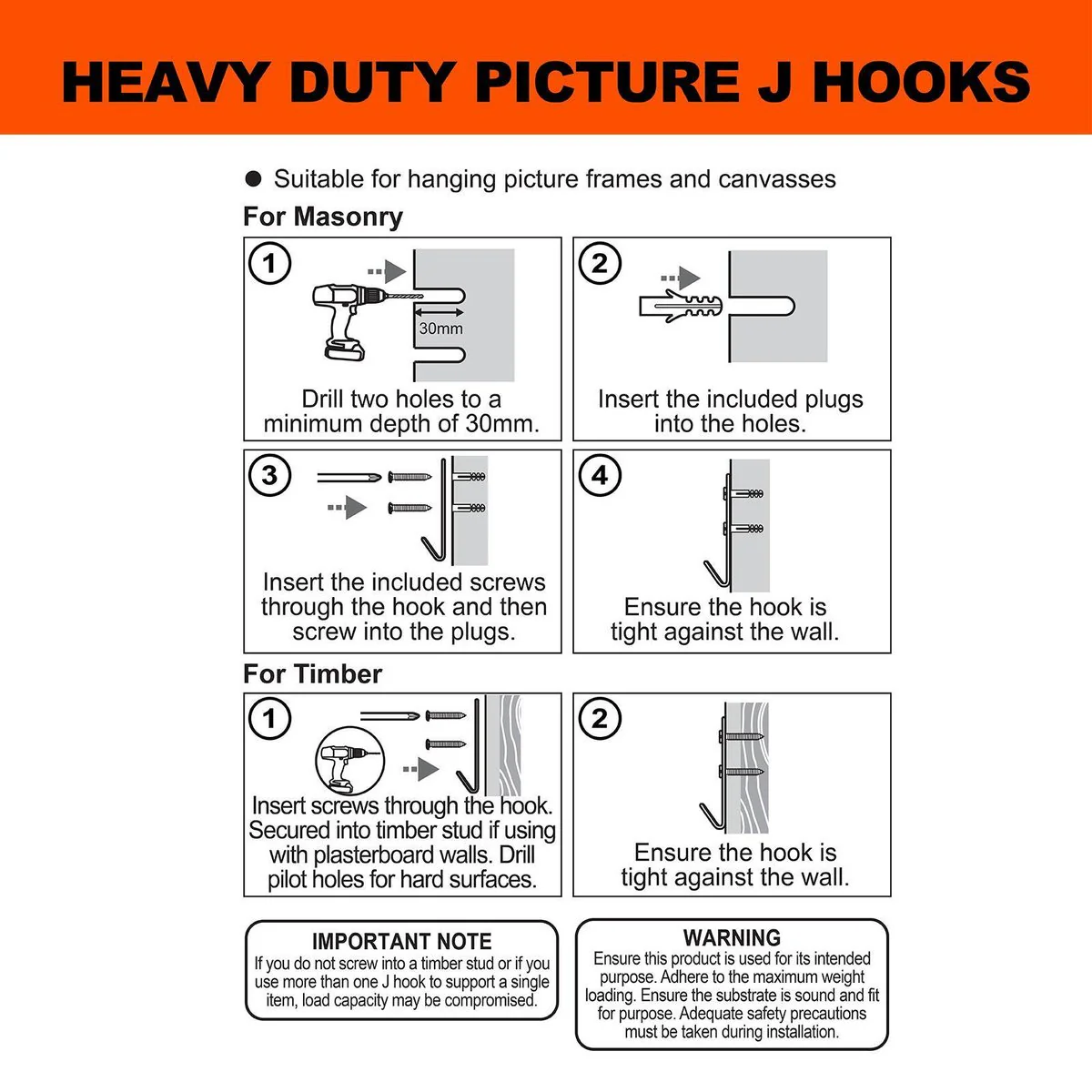 Everhang Picture Hanging J Hook - 47mm x 21mm x 120mm - Steel - Heavy Duty - 4 Pack - Image 3