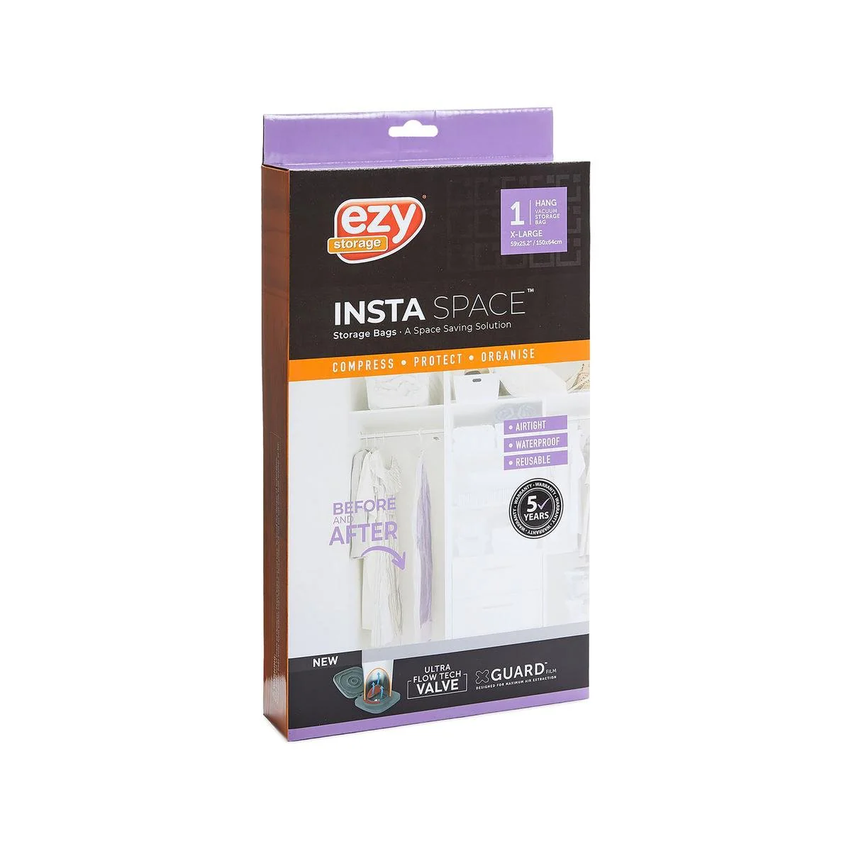 Ezy Storage Large Insta Space Hang Flat Vacuum Bag 1 Pack 640mm x 1500mm - Reusable - Rapid Compression