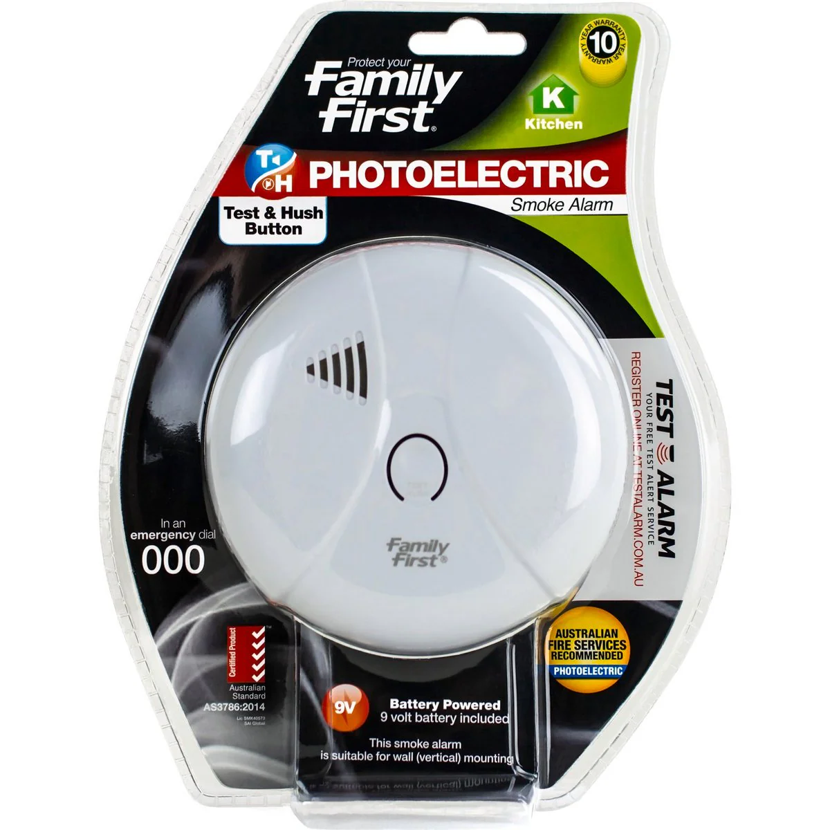 Family First Photoelectric Smoke Alarm - 9V Battery Operated - White - 110mm x 45mm