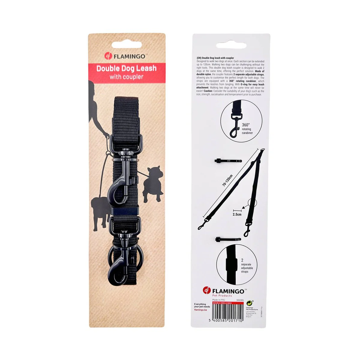 Flamingo Double Dog Leash - 2 Dogs - Adjustable 70cm to 120cm - Black - Image 2