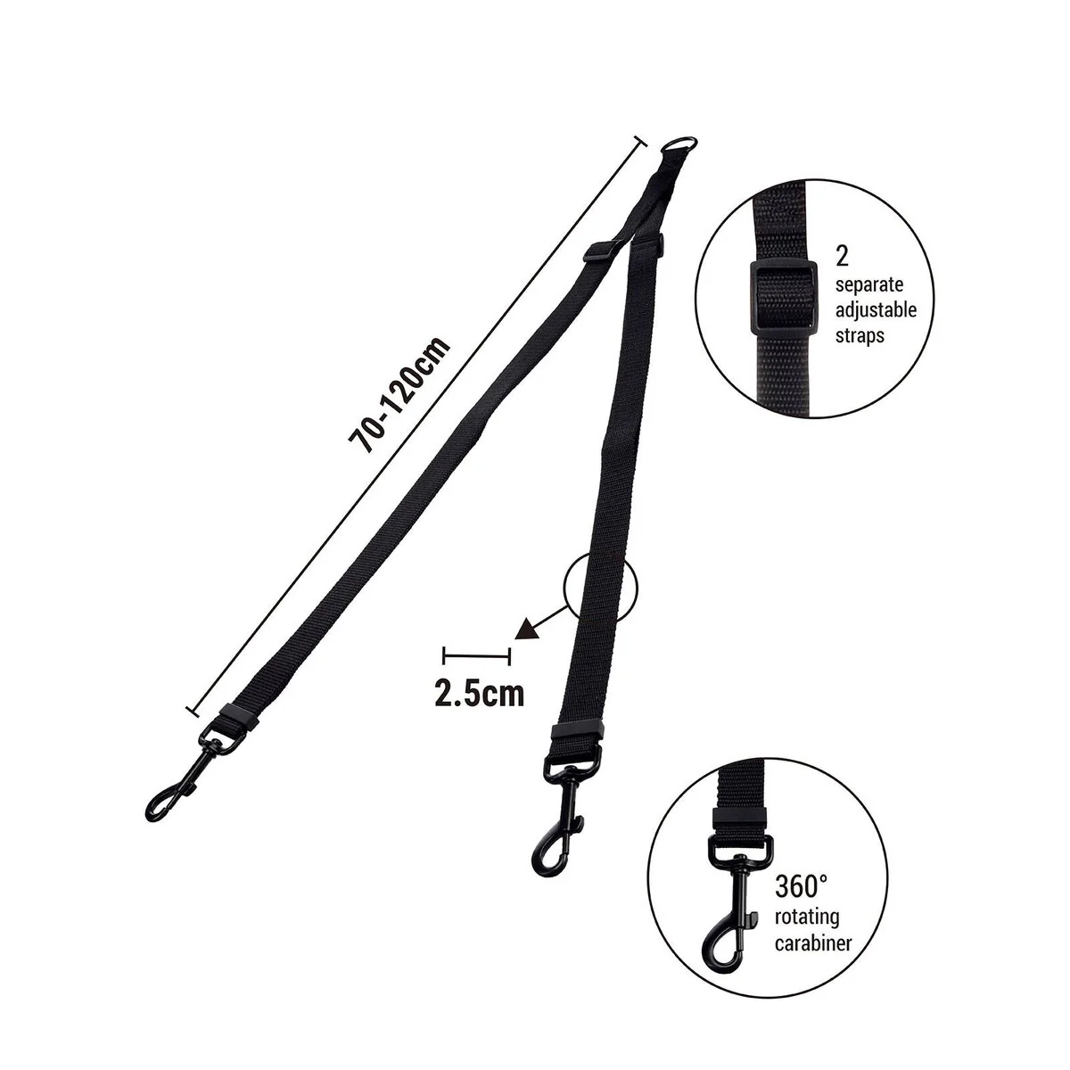 Flamingo Double Dog Leash - 2 Dogs - Adjustable 70cm to 120cm - Black - Image 3