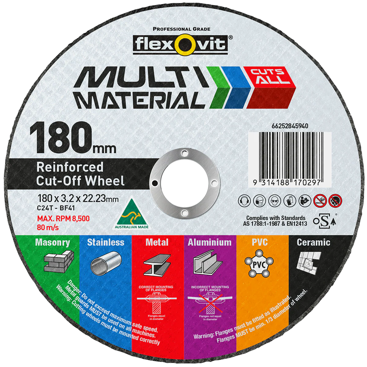 Flexovit Cut Off Wheel - 180mm x 3.2mm - Silicone Carbide - Multi Material