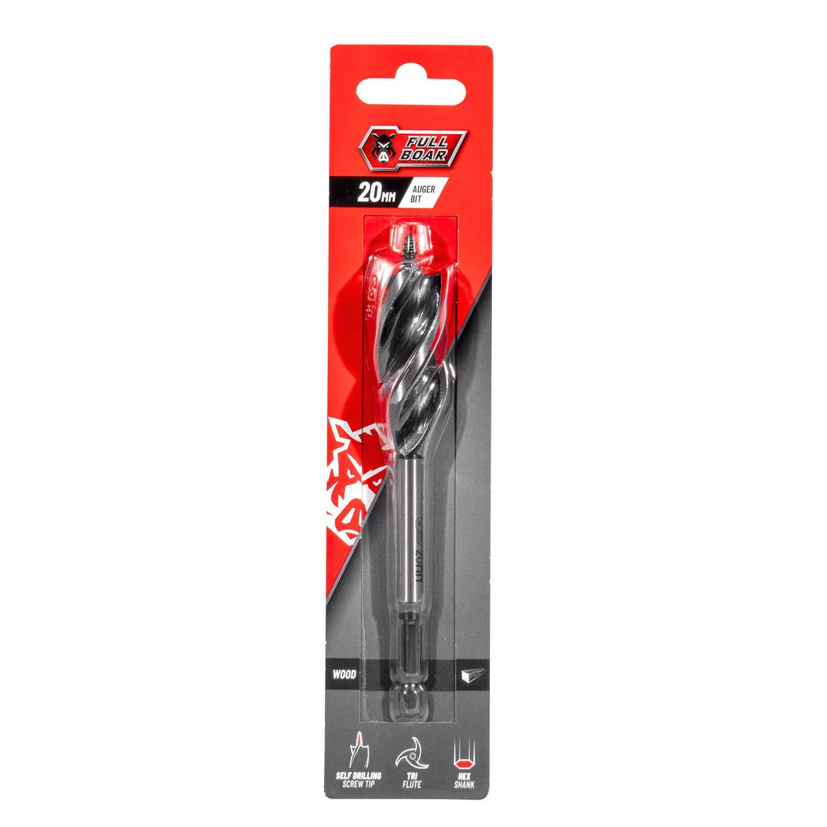Full Boar 20mm Auger Bit Fab 20 - Self-Drilling - Tri-Flute Design - Steel