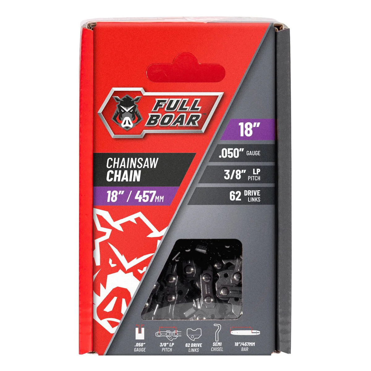 Full Boar Chainsaw Chain - 18" 457mm - 62 Drive Links - Semi Chisel