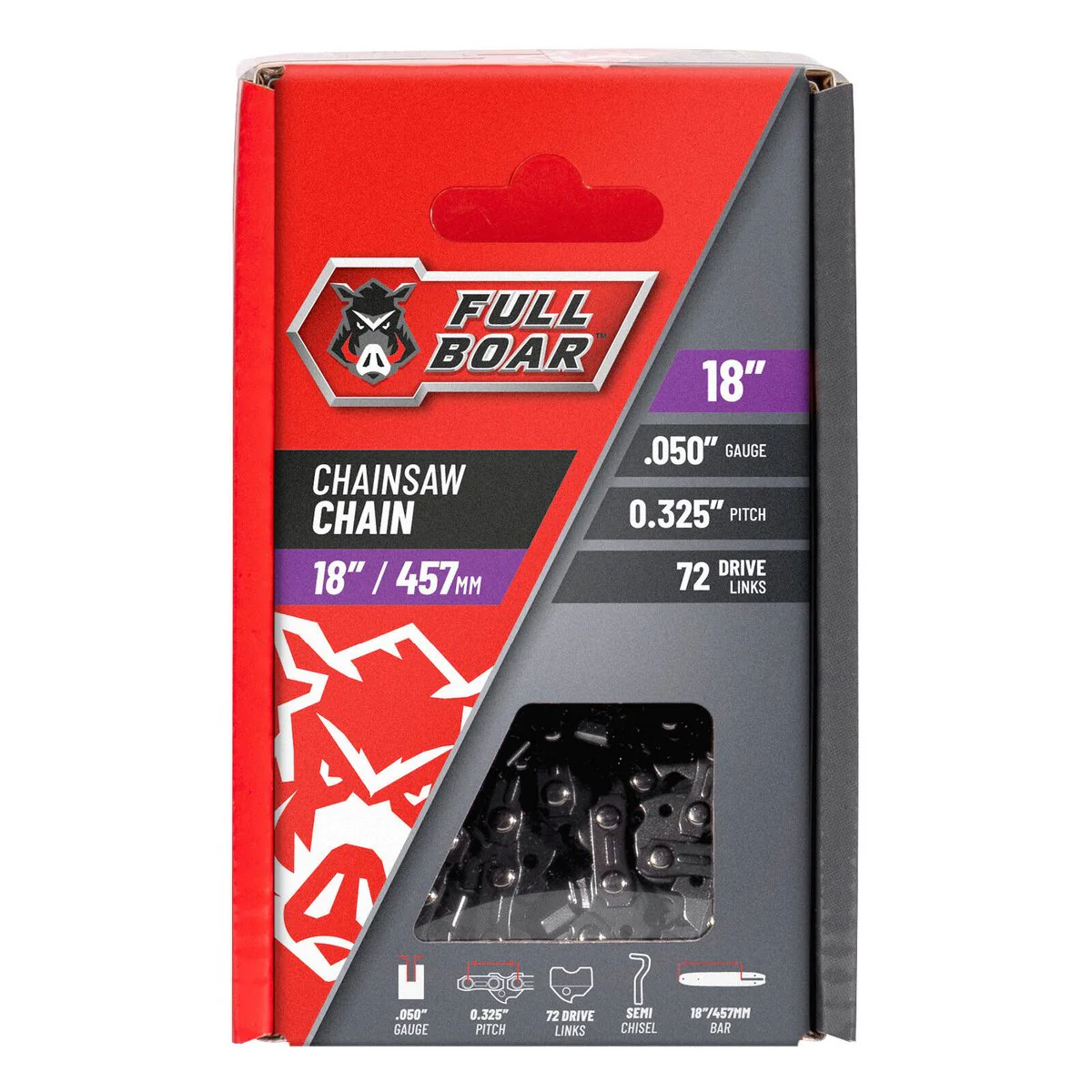 Full Boar Chainsaw Chain - 18" 457mm - Semi Chisel - 72 Drive Links - 0.050" Gauge - 0.325" Pitch