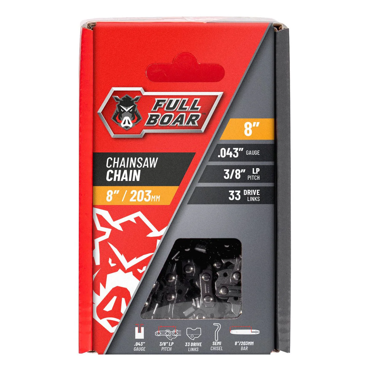 Full Boar Chainsaw Chain - 8" (203mm) - 33 Drive Links - Semi Chisel - 0.043" Gauge