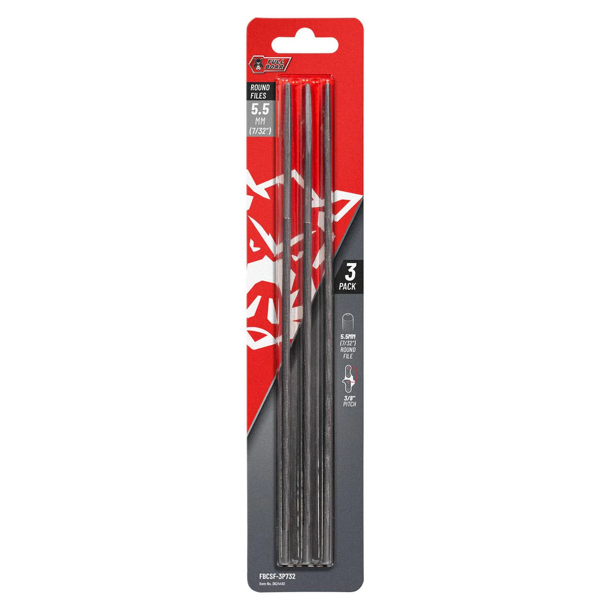 Full Boar Chainsaw File 3 Pack - 5.5mm (7/32”) Round - Sharpens 3/8” Chains