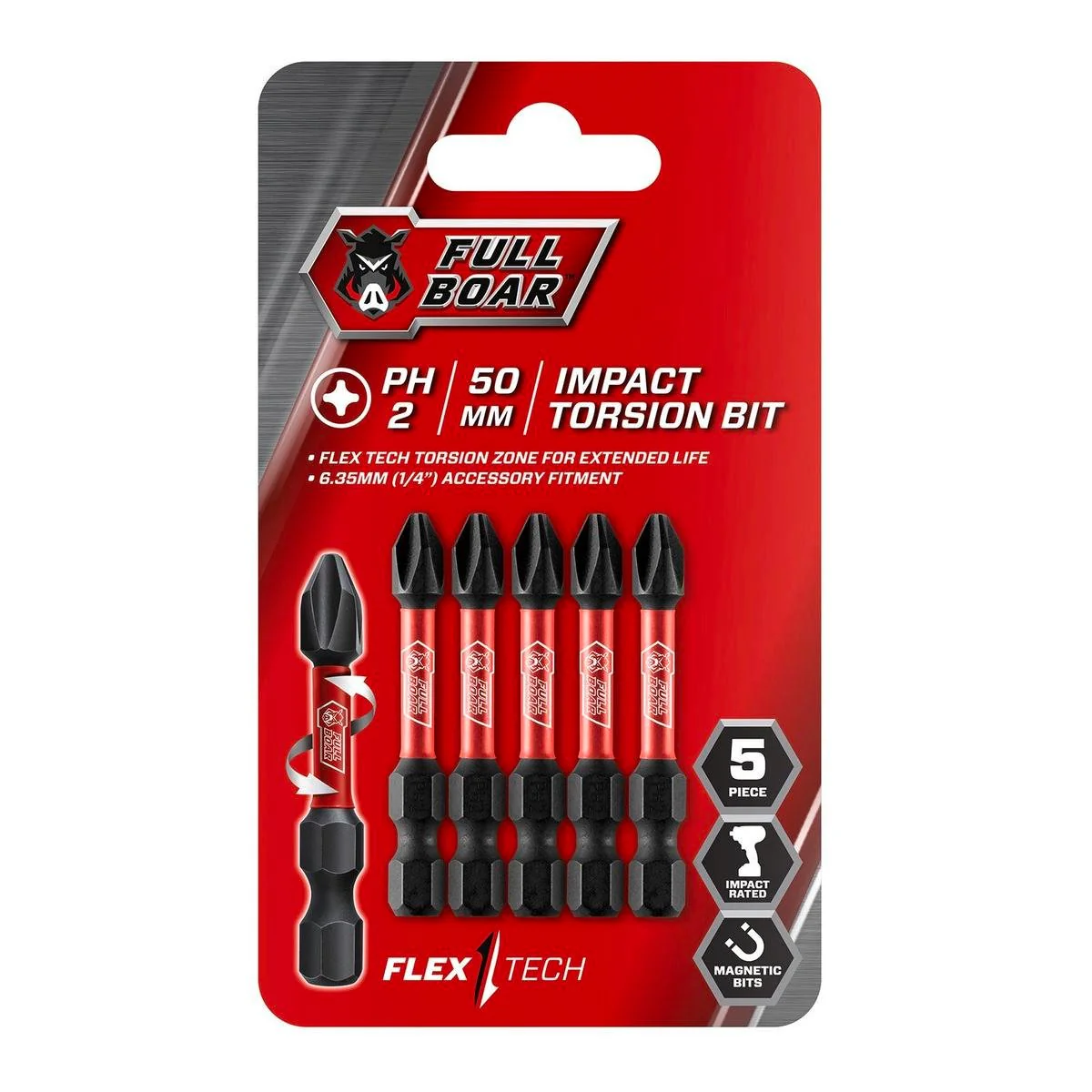 Full Boar Impact Torsion Bit - PH2 x 50mm - S2 Steel - 5 Pack