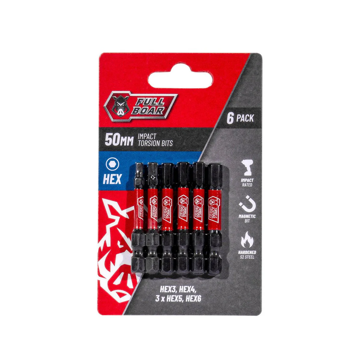 Full Boar Impact Torsion Bit Set - 6 Pack - 50mm - High Torque Durability