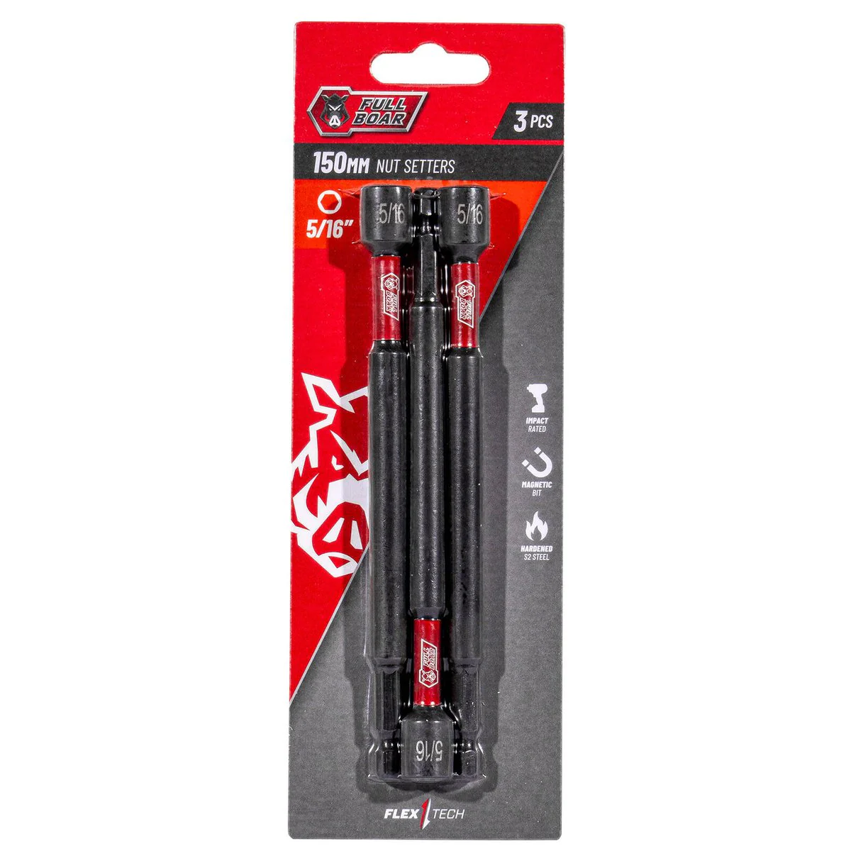 Full Boar Magnetic Impact Nut Setters 3 Pack - 5/16" x 150mm - Durable S2 Steel