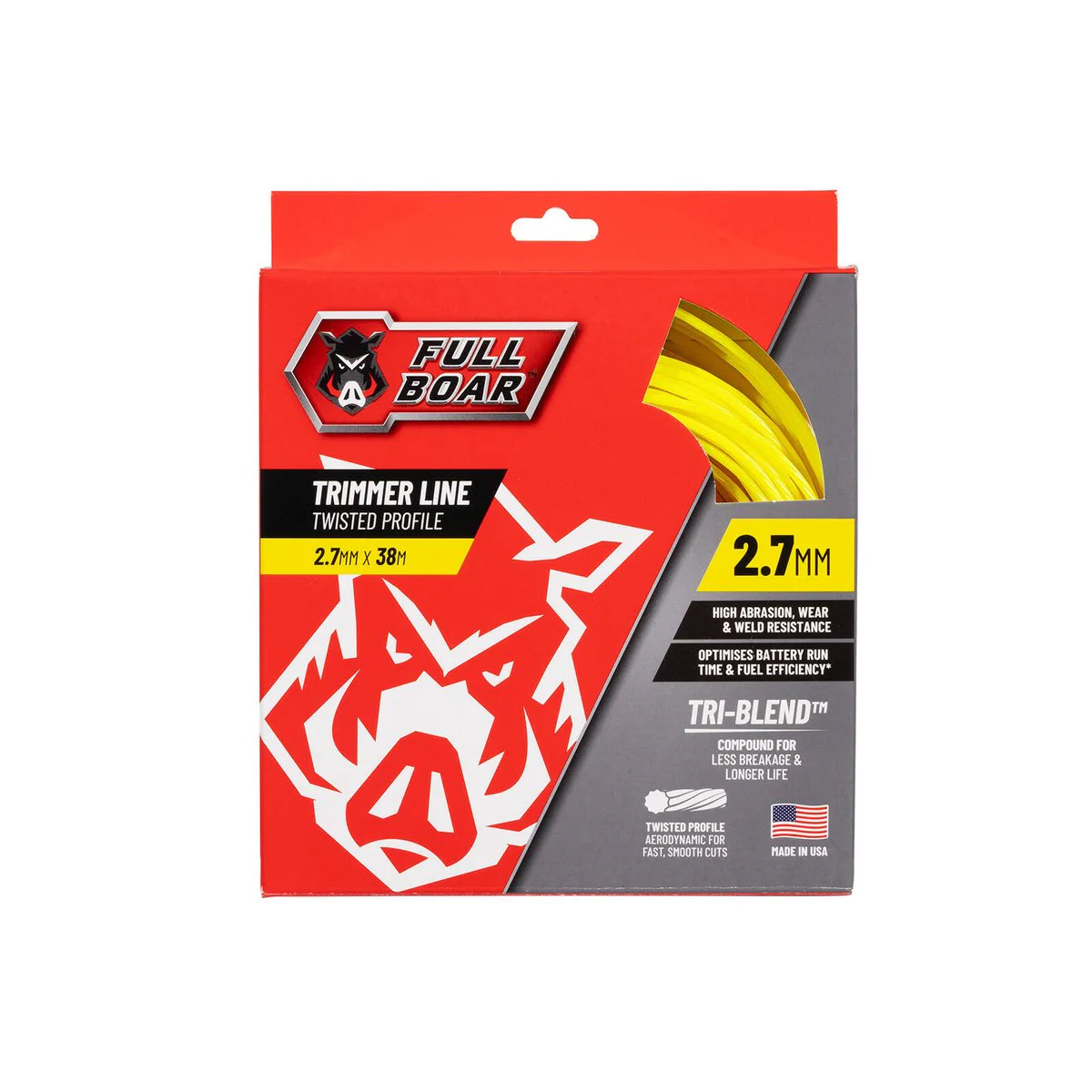 Full Boar Trimmer Line - 2.7mm x 38m - Twisted Profile - USA Made - High Abrasion Resistance