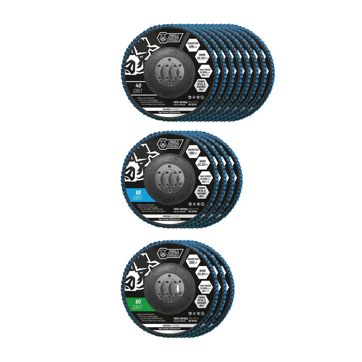 Full Boar Zirconia Flap Disc 15 Pack 125mm 40 60 80 Grit - Durable Material Removal - Image 2