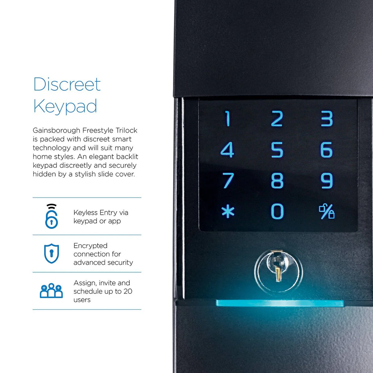Gainsborough Freestyle Wifi Smart Lock Trilock - Matte Black - 68mm x 238mm - Concealed Keypad - App Control - Image 3