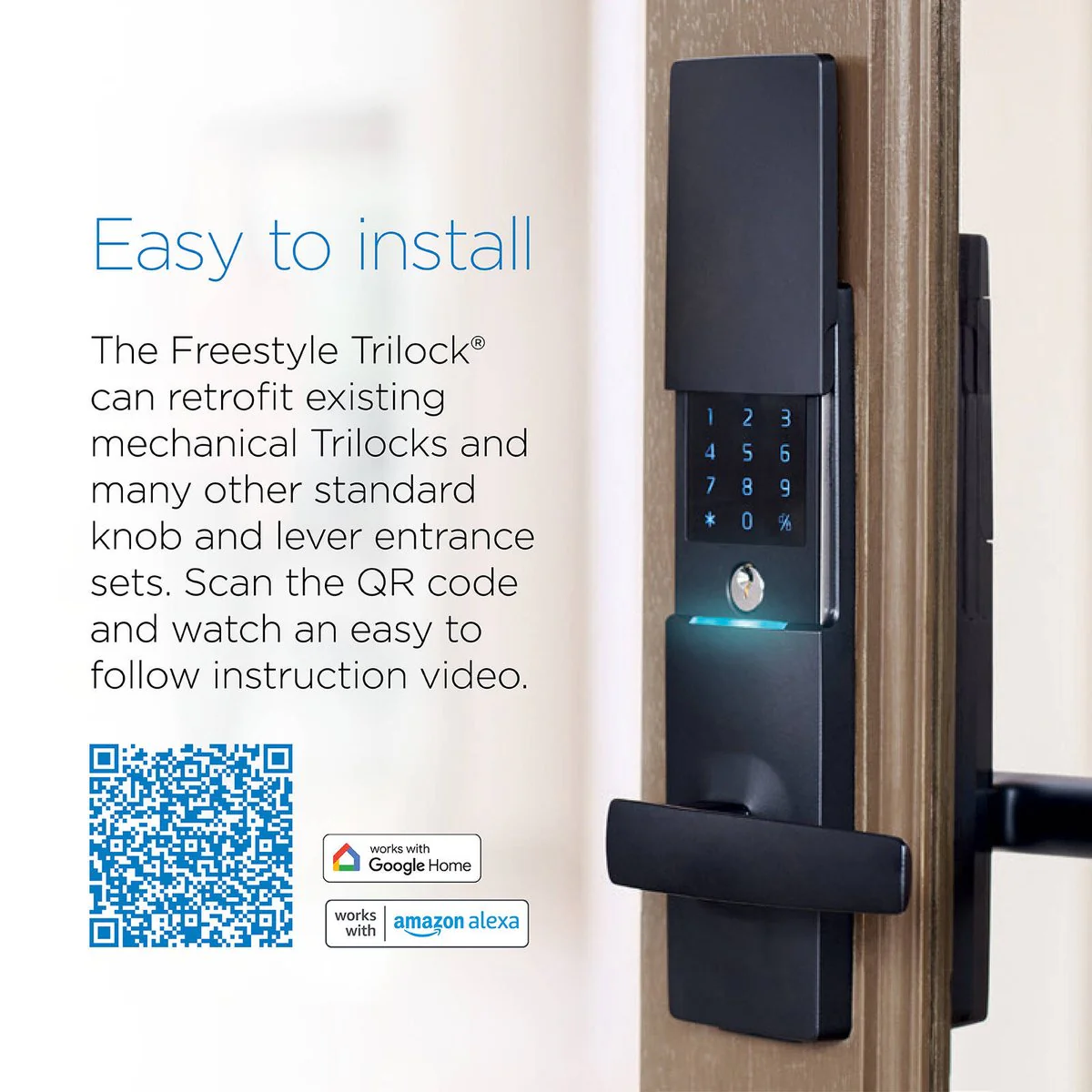Gainsborough Freestyle Wifi Smart Lock Trilock - Matte Black - 68mm x 238mm - Concealed Keypad - App Control - Image 5