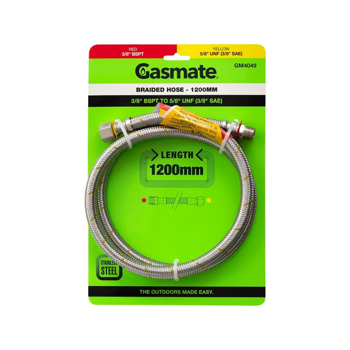 Gasmate 1200mm Braided Hose - 3/8 BSPT to 5/8 UNF - Durable Gas Connection