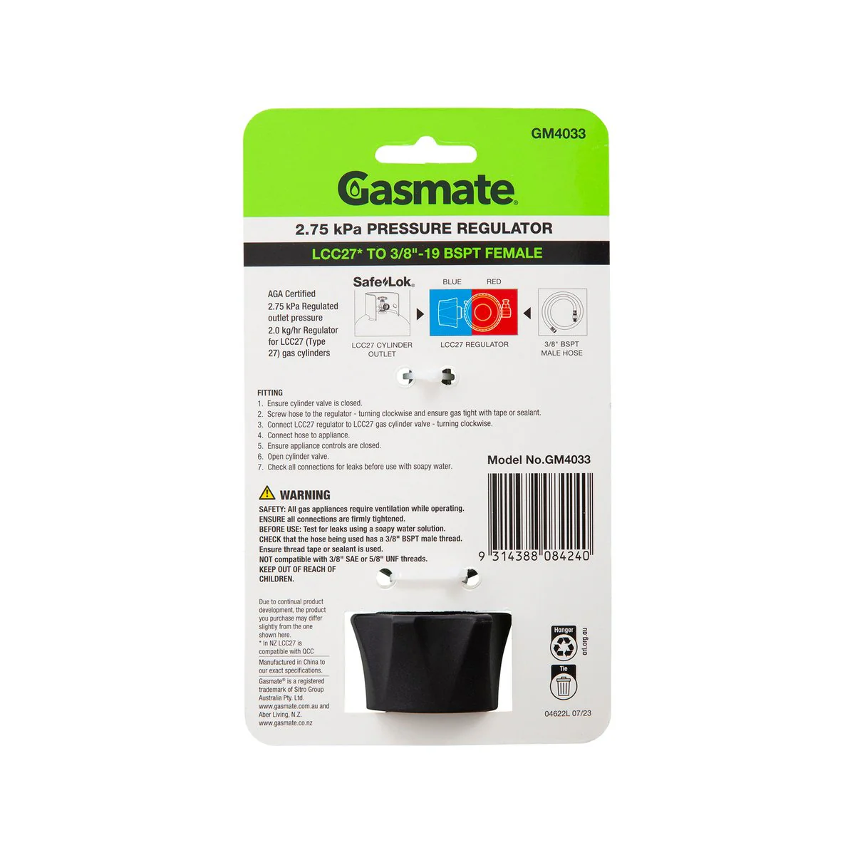 Gasmate 2.75kPa Pressure Regulator LCC27 to 3/8" BSPT - Durable Gas Control - Image 2
