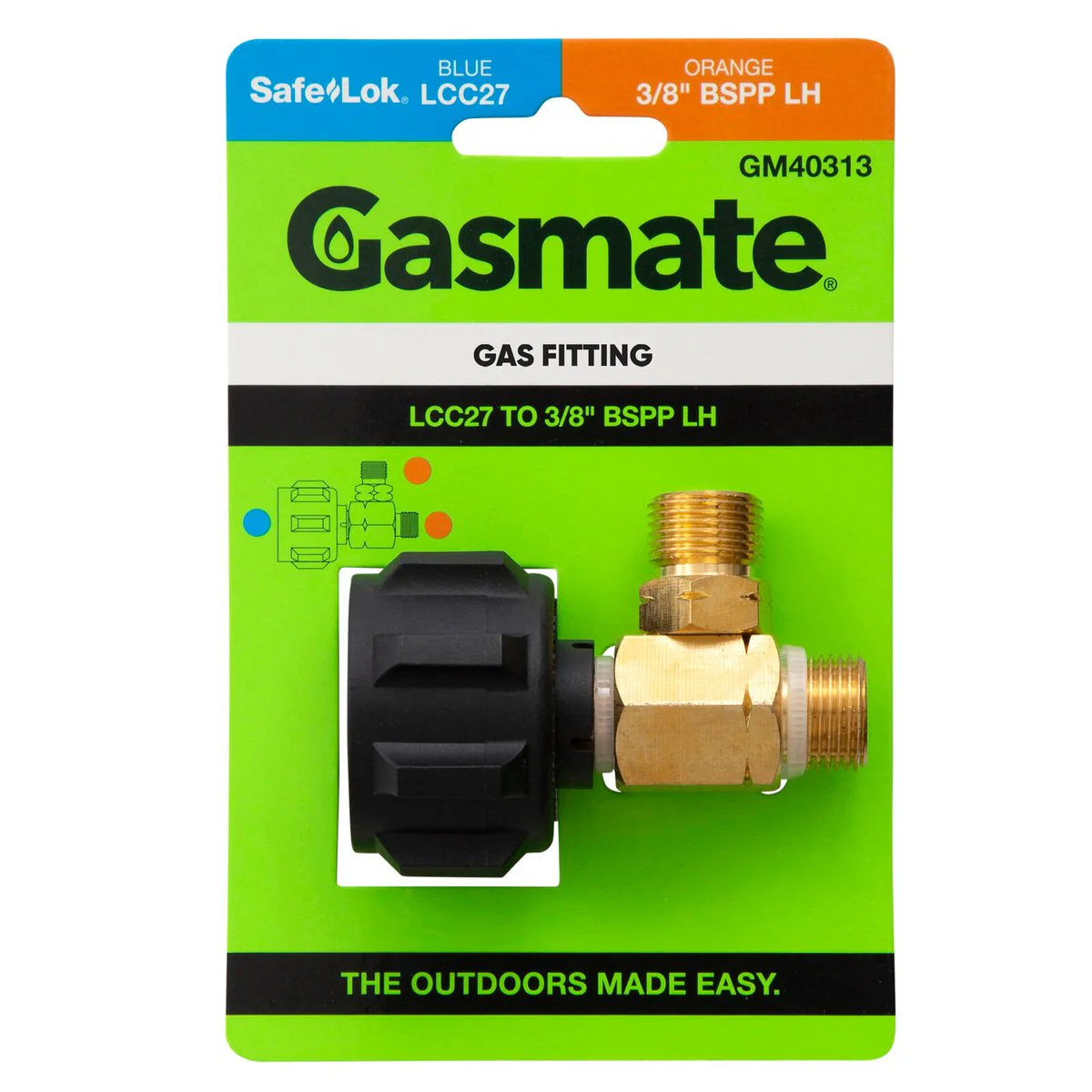 Gasmate Adaptor LCC27 to 3/8" BSPP-LH - Converts to Two Outlets - Brass/Nylon