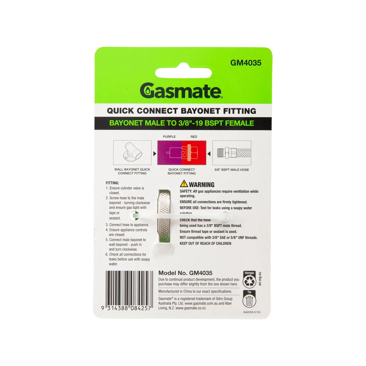 Gasmate Bayonet to 38 BSPT Quick Connect Fitting - Brass - 35mm x 60mm - Image 2