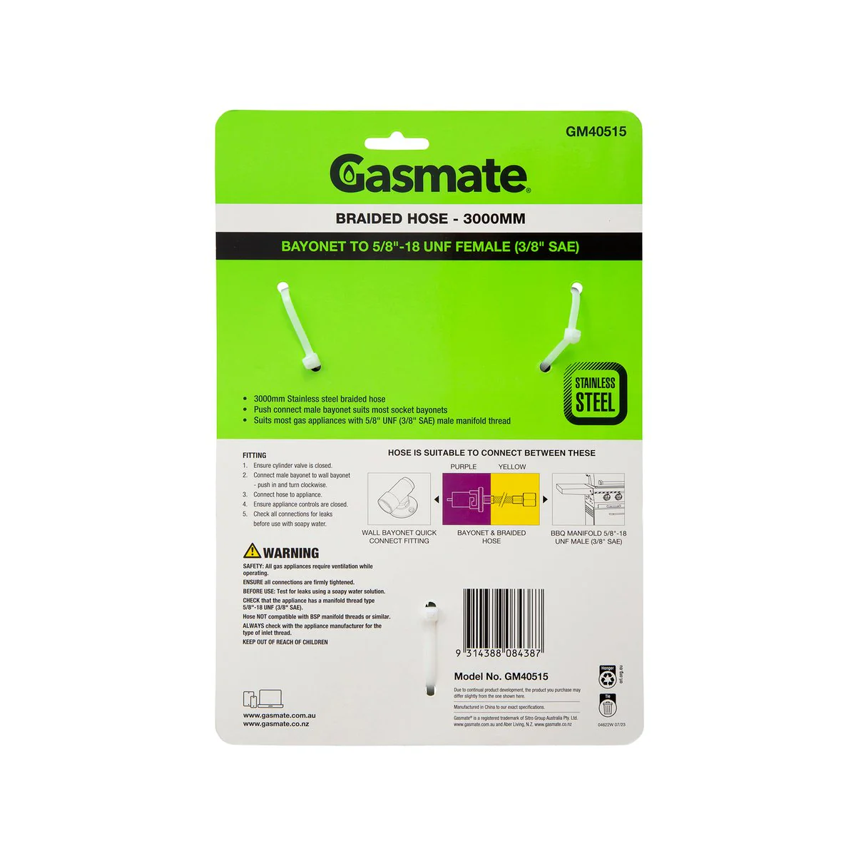 Gasmate Braided Hose 3000mm Bayonet to 5/8" UNF - Durable Gas Connection - Image 2