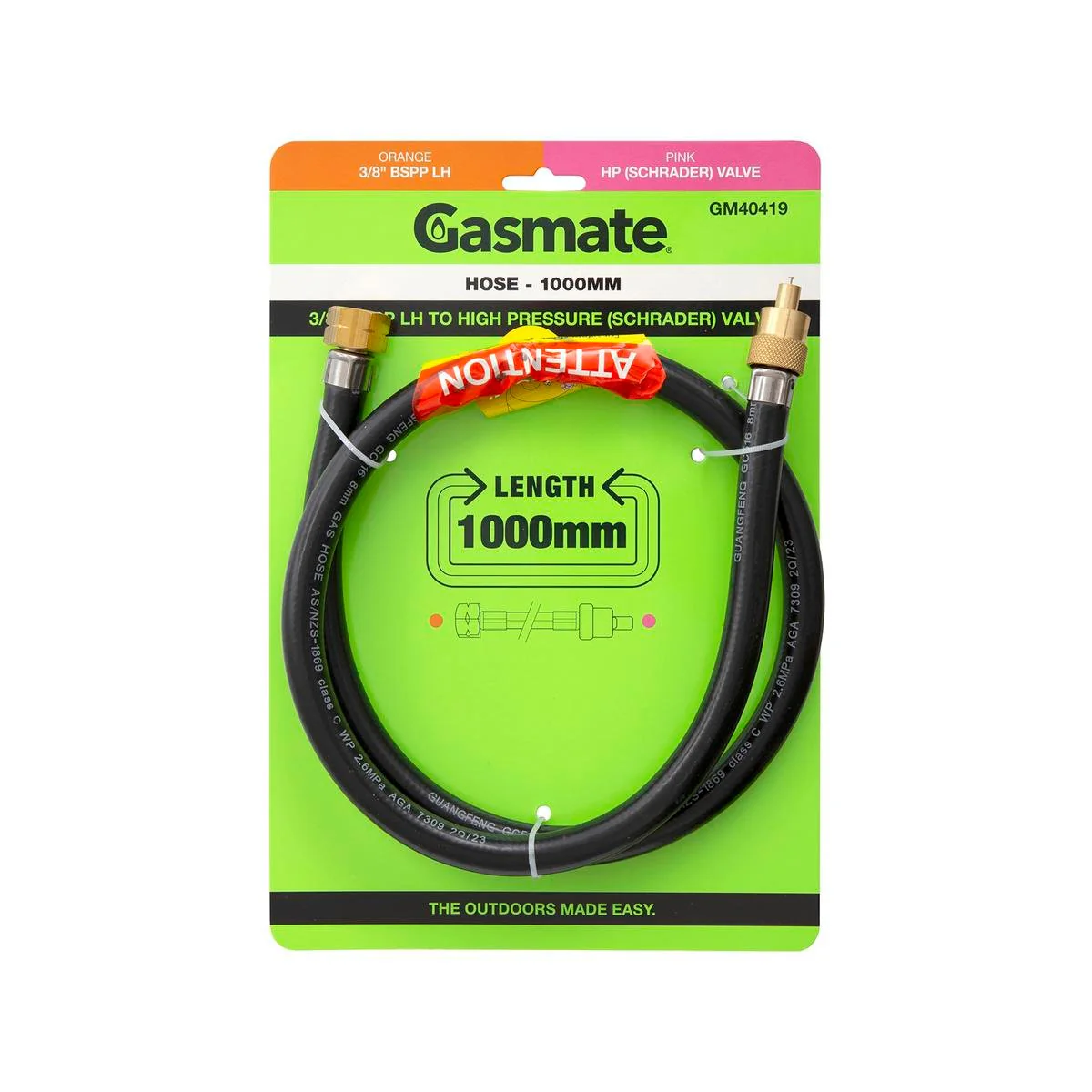 Gasmate Hose 1000mm 3/8" BSPP LH to High Pressure Schrader Valve - Durable Safety Connection