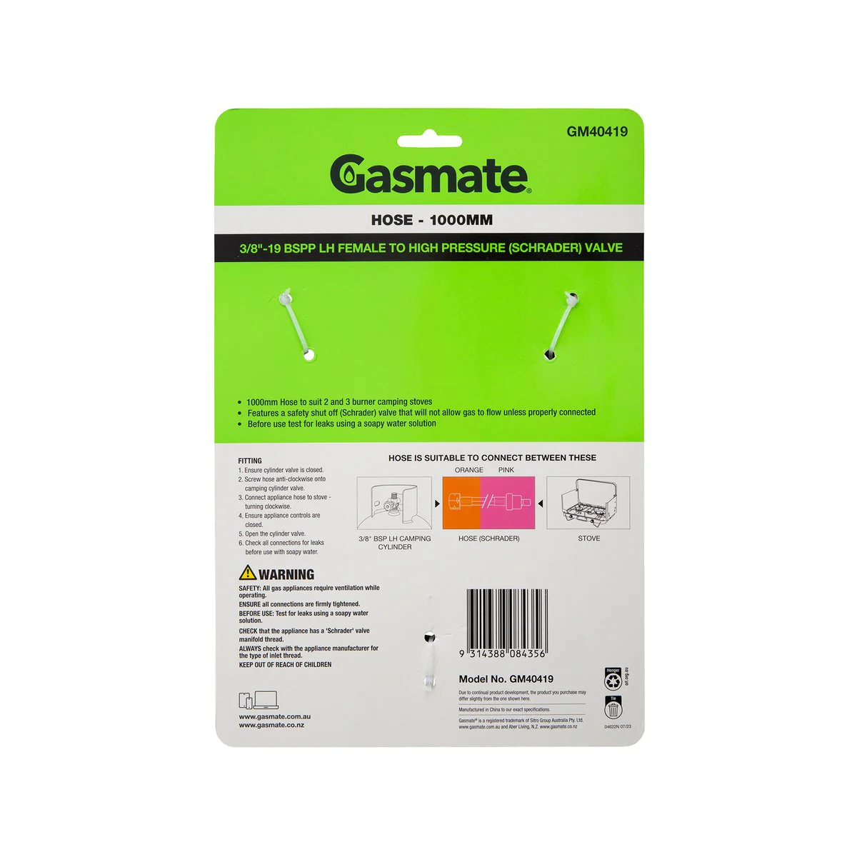 Gasmate Hose 1000mm 3/8" BSPP LH to High Pressure Schrader Valve - Durable Safety Connection - Image 2