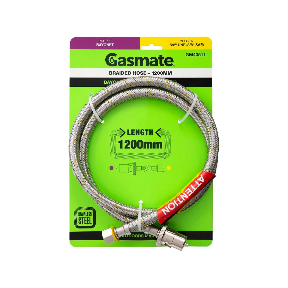 Gasmate Hose 1200mm Bayonet to 5/8" UNF 3/8" SAE - Durable Stainless Steel