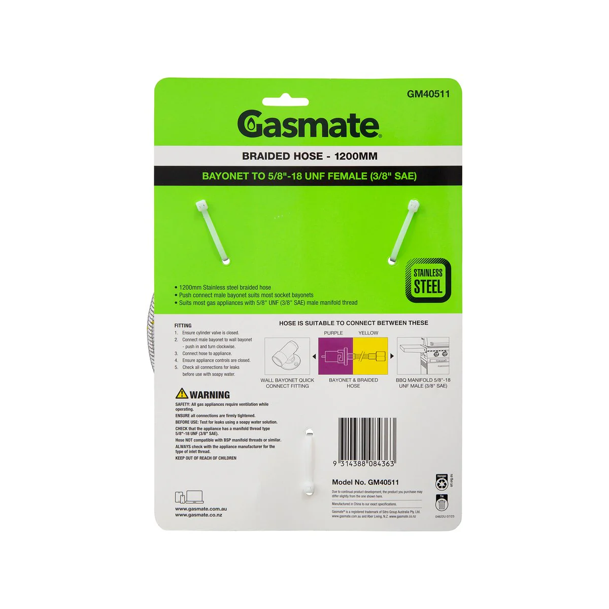 Gasmate Hose 1200mm Bayonet to 5/8" UNF 3/8" SAE - Durable Stainless Steel - Image 2