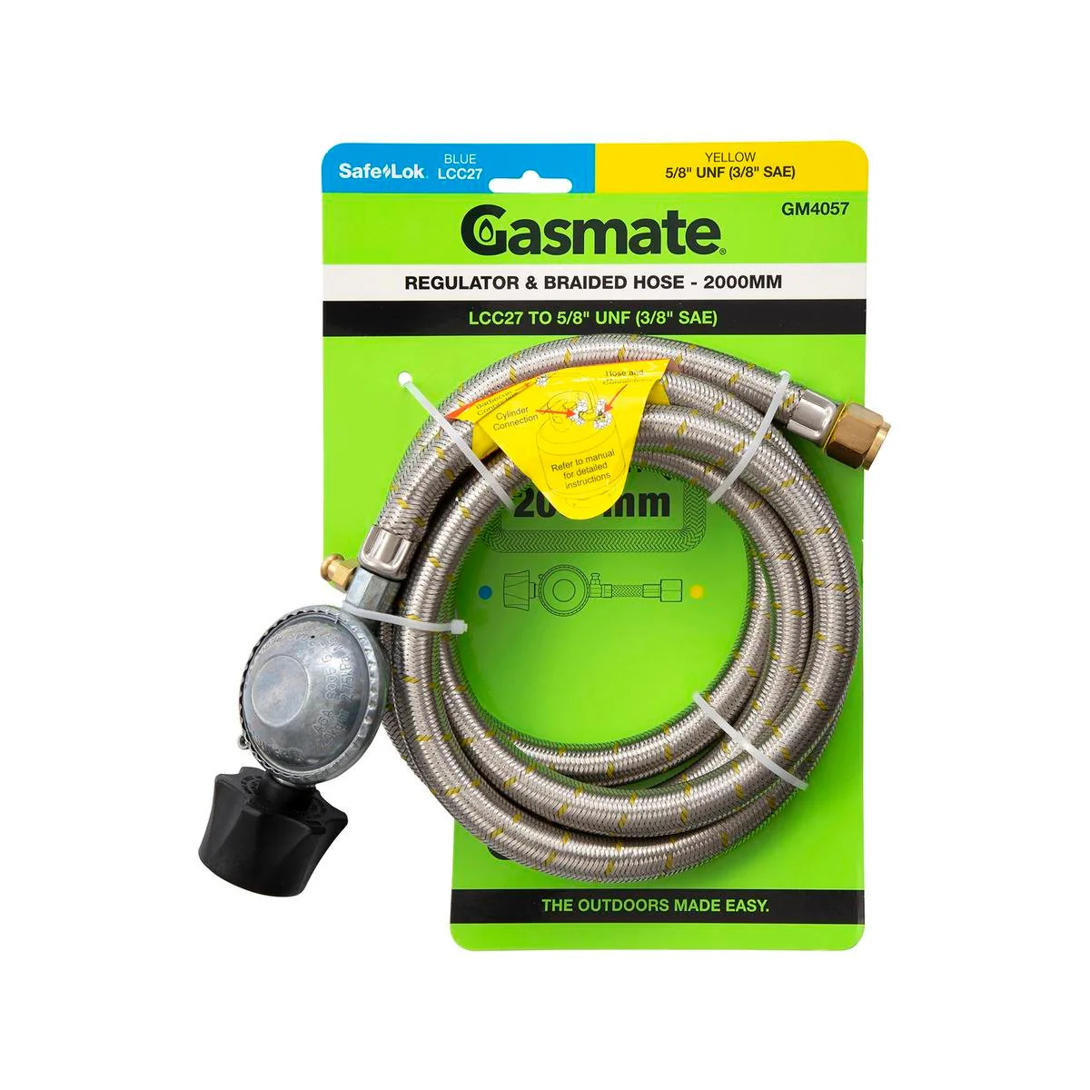 Gasmate Regulator Braided Hose 2000mm LCC27 to 5/8" UNF - Durable Gas Connection