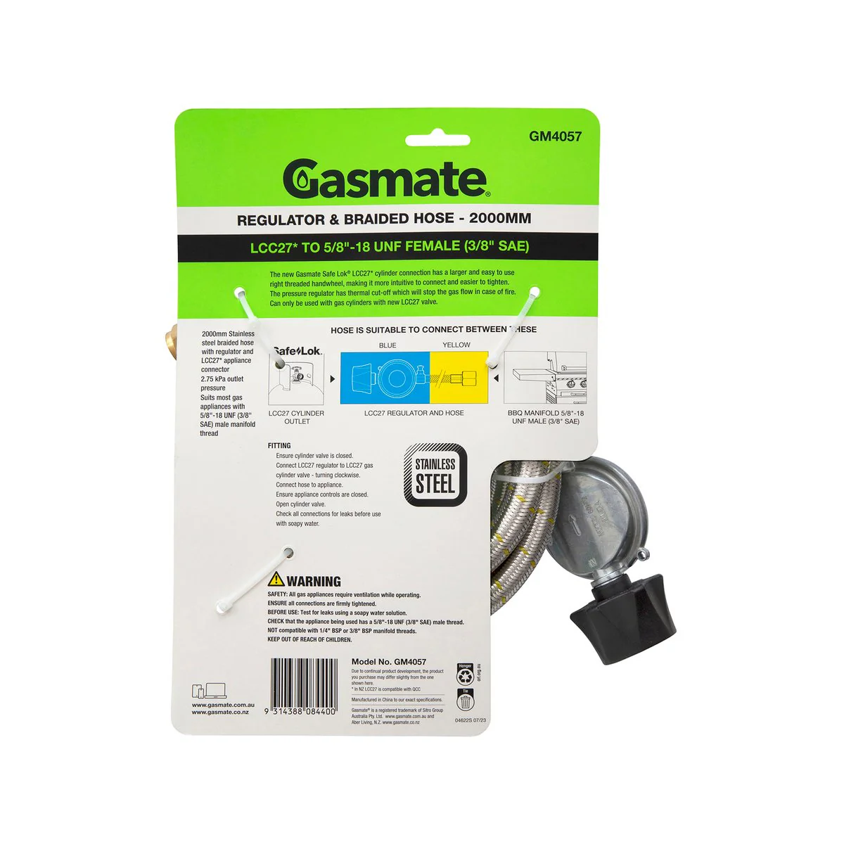 Gasmate Regulator Braided Hose 2000mm LCC27 to 5/8" UNF - Durable Gas Connection - Image 2