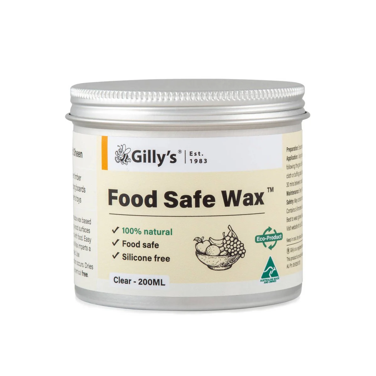 Gilly S Food Safe Wax - 200 ml - Natural Finish for Timber & Bamboo